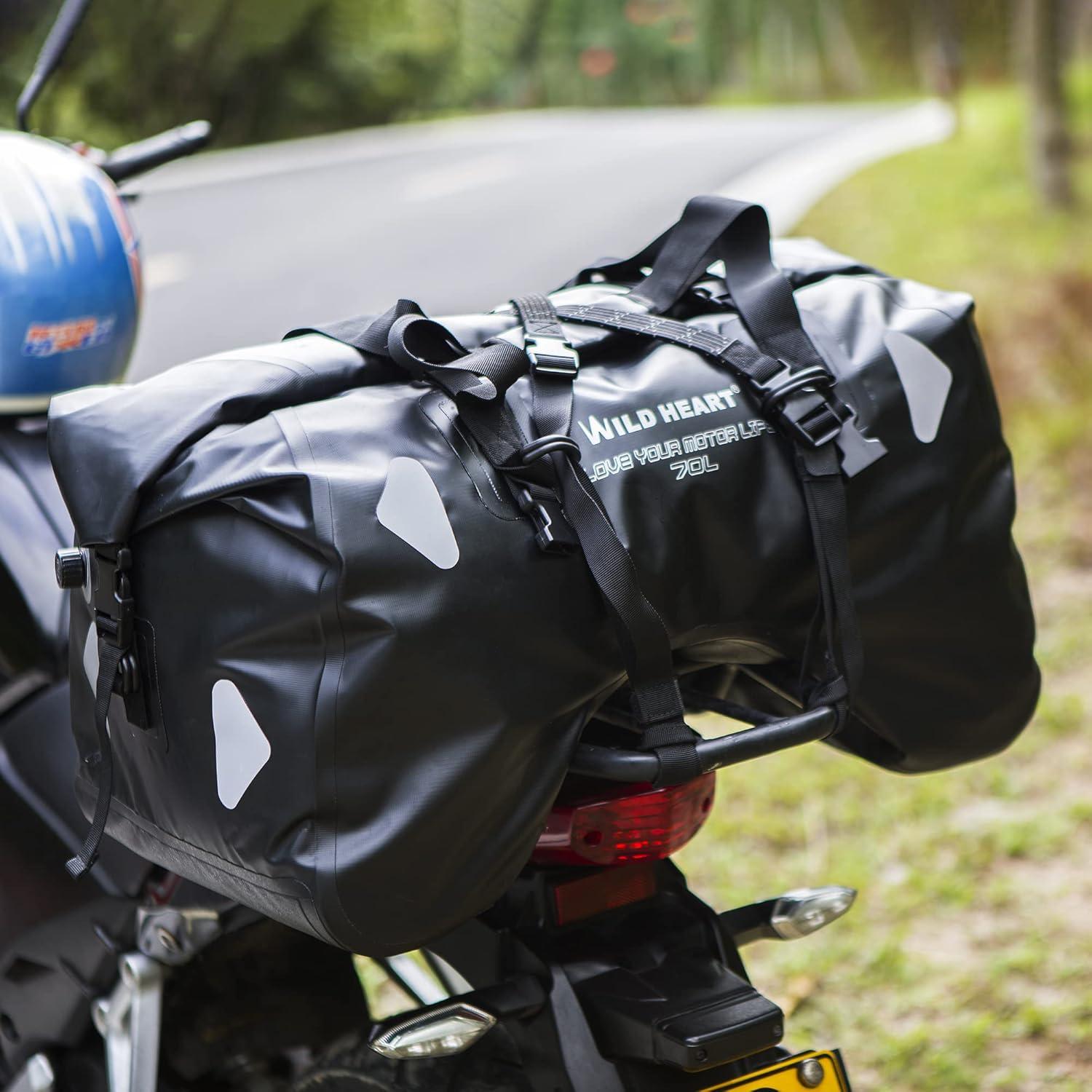 imageWILD HEART Dry Motorcycle Tail bag 70L50L With Rope Straps and Inner Pocket Waterproof PVC 500D for TravelMotorcycle and so onblack