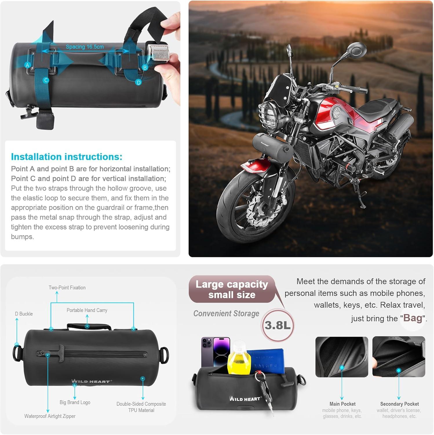 imageWILD HEART Motorcycle Handlebar Bag Motorcycle Small Bag Side Bag Waterproof with Shoulder Strap Compatible with Mini Bike Travel UTVATV BlackBlack