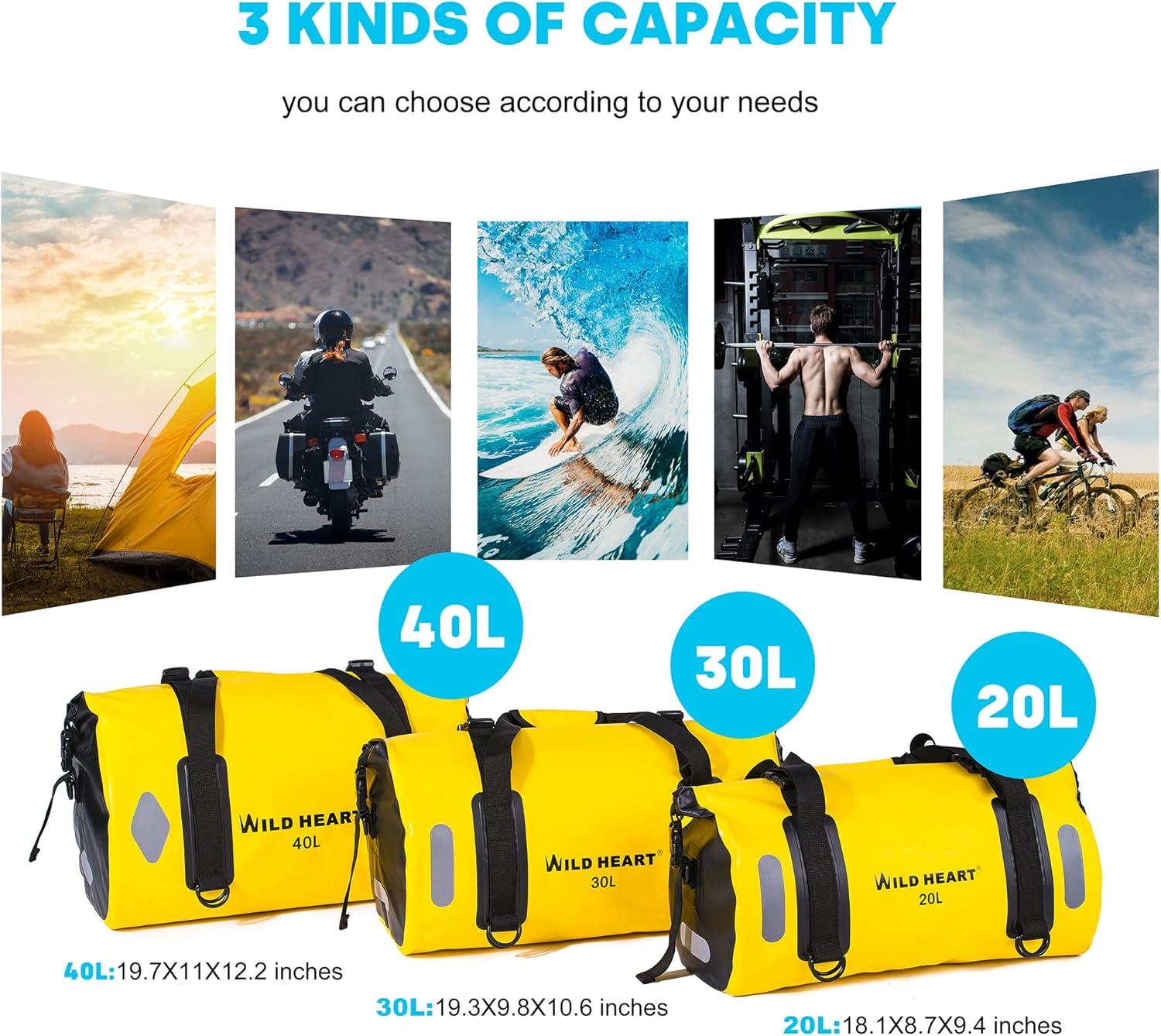 imageWILD HEART Waterproof Bag Duffel Bag 20L 30L 40L with Welded Seams Shoulder Straps Mesh Pocket for Kayaking Camping BoatingBicycleMotorcycleYellow