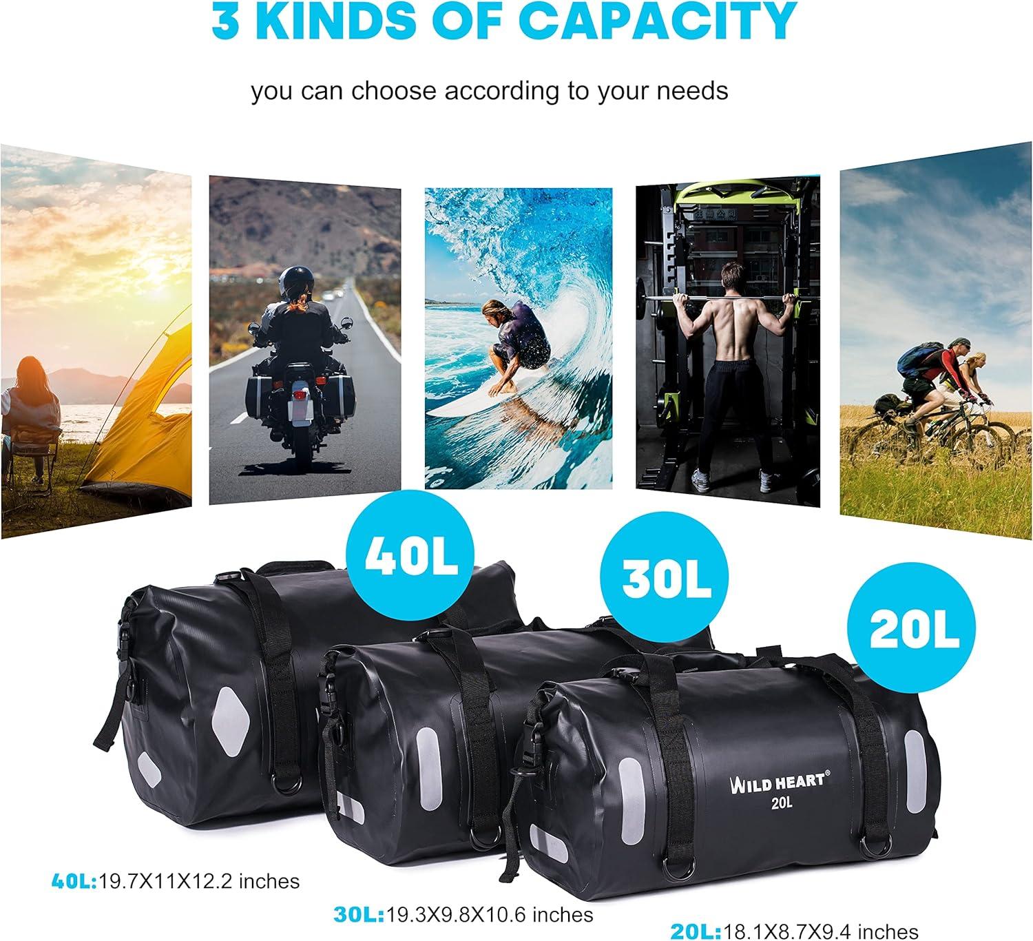 imageWILD HEART Waterproof Bag Duffel Bag 20L 30L 40L with Welded Seams Shoulder Straps Mesh Pocket for Kayaking Camping BoatingBicycleMotorcycleblack