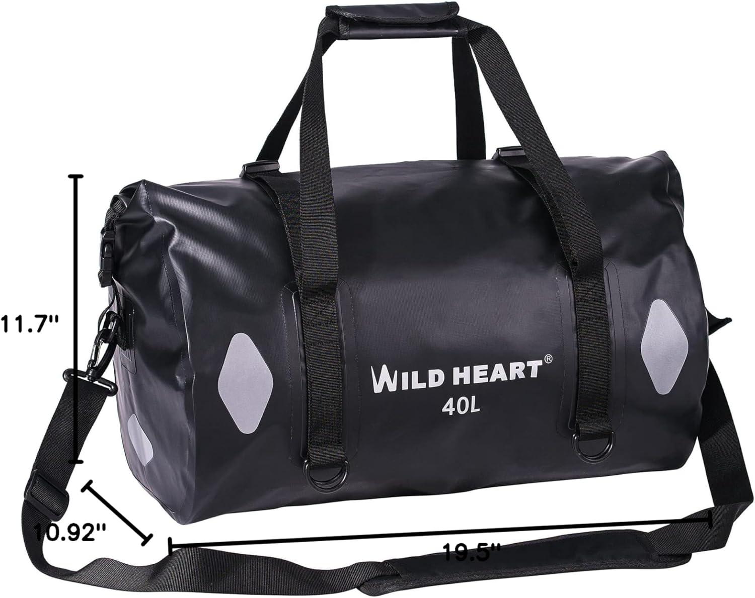 imageWILD HEART Waterproof Bag Duffel Bag 20L 30L 40L with Welded Seams Shoulder Straps Mesh Pocket for Kayaking Camping BoatingBicycleMotorcycleblack