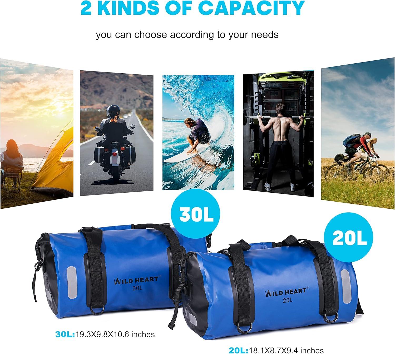 imageWILD HEART Waterproof Bag Duffel Bag 20L 30L 40L with Welded Seams Shoulder Straps Mesh Pocket for Kayaking Camping BoatingBicycleMotorcycleblue