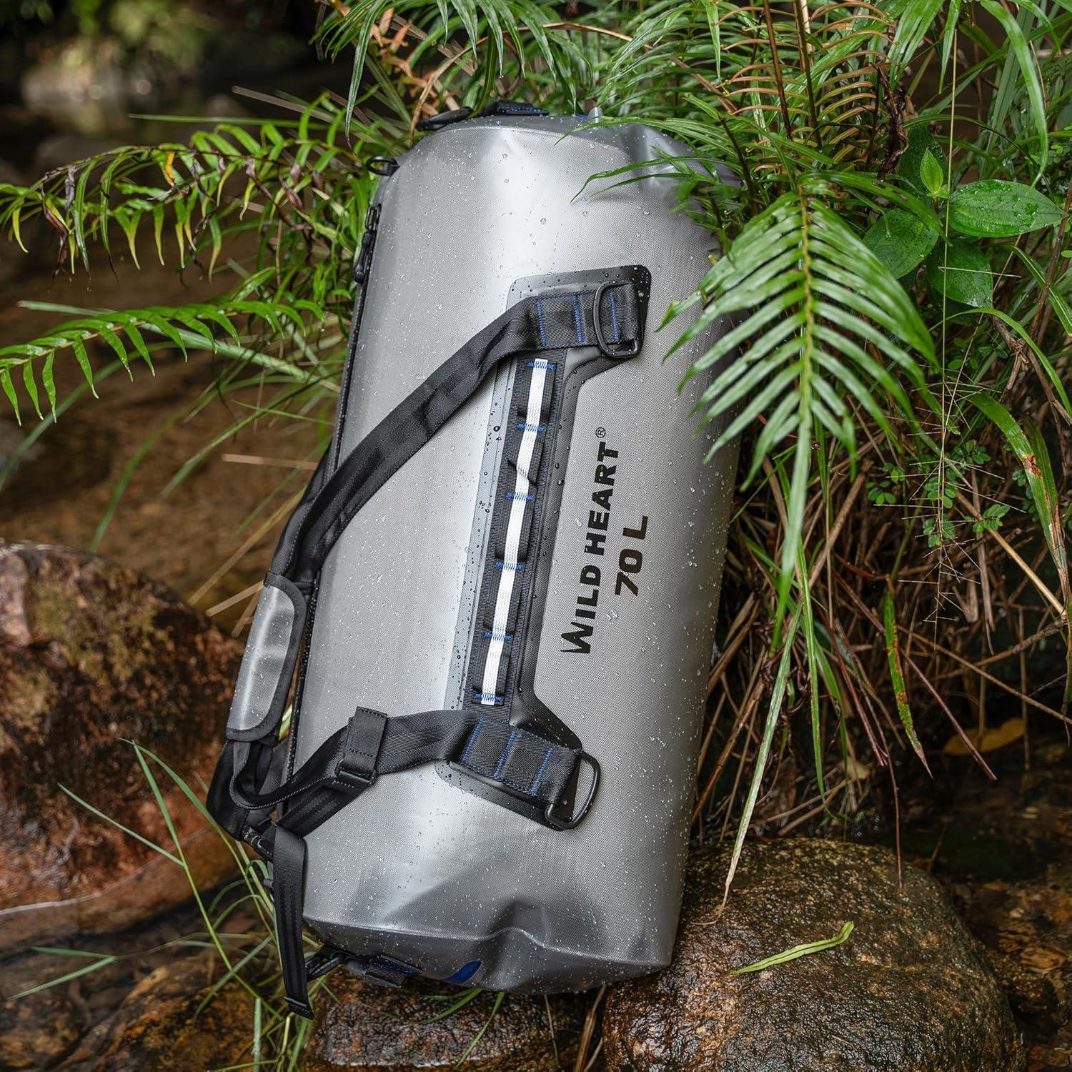 imageWILD HEART Waterproof Dry Duffel Bag Airtight TPU Dry Bag for Motorcycle Kayaking Rafting Skiing Travel Hiking CampingGrey 70L add outside pocket