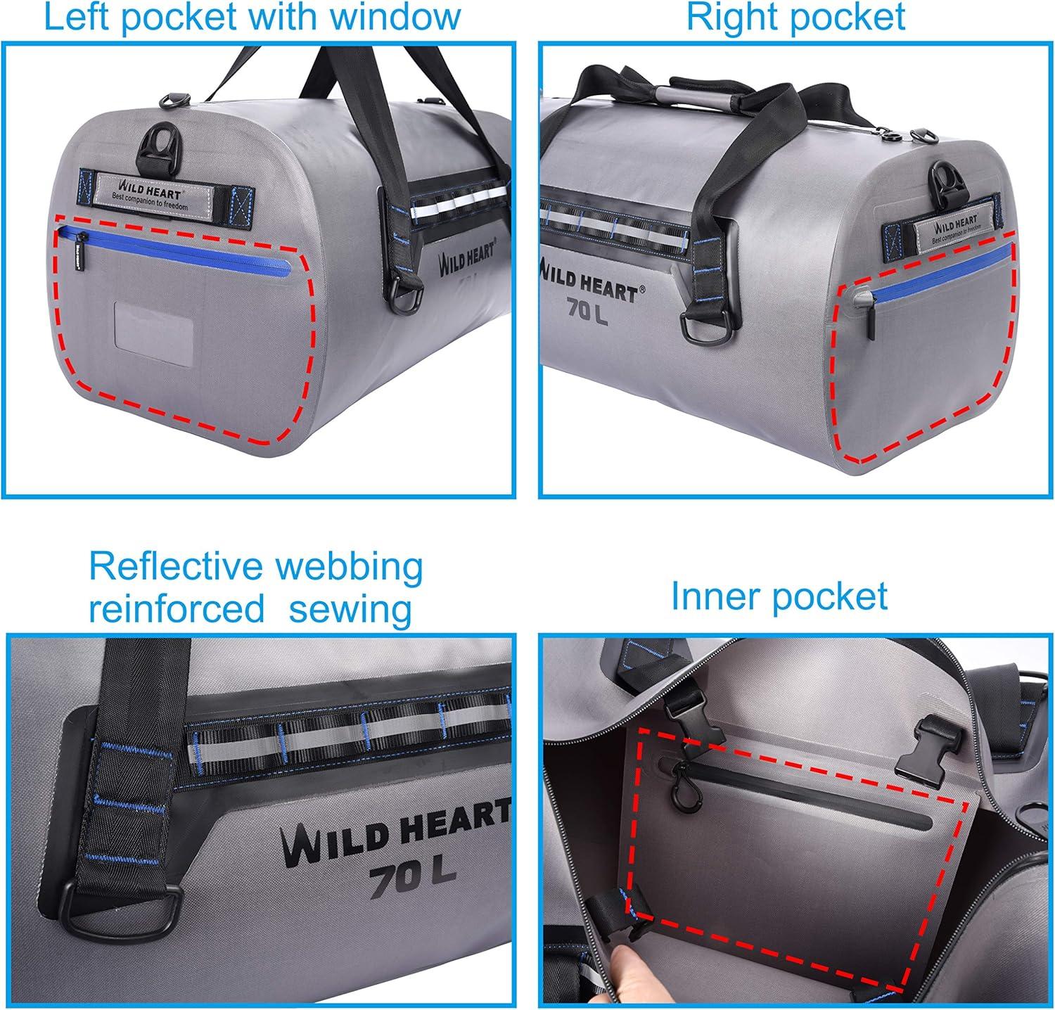 imageWILD HEART Waterproof Dry Duffel Bag Airtight TPU Dry Bag for Motorcycle Kayaking Rafting Skiing Travel Hiking CampingGrey 70L add outside pocket