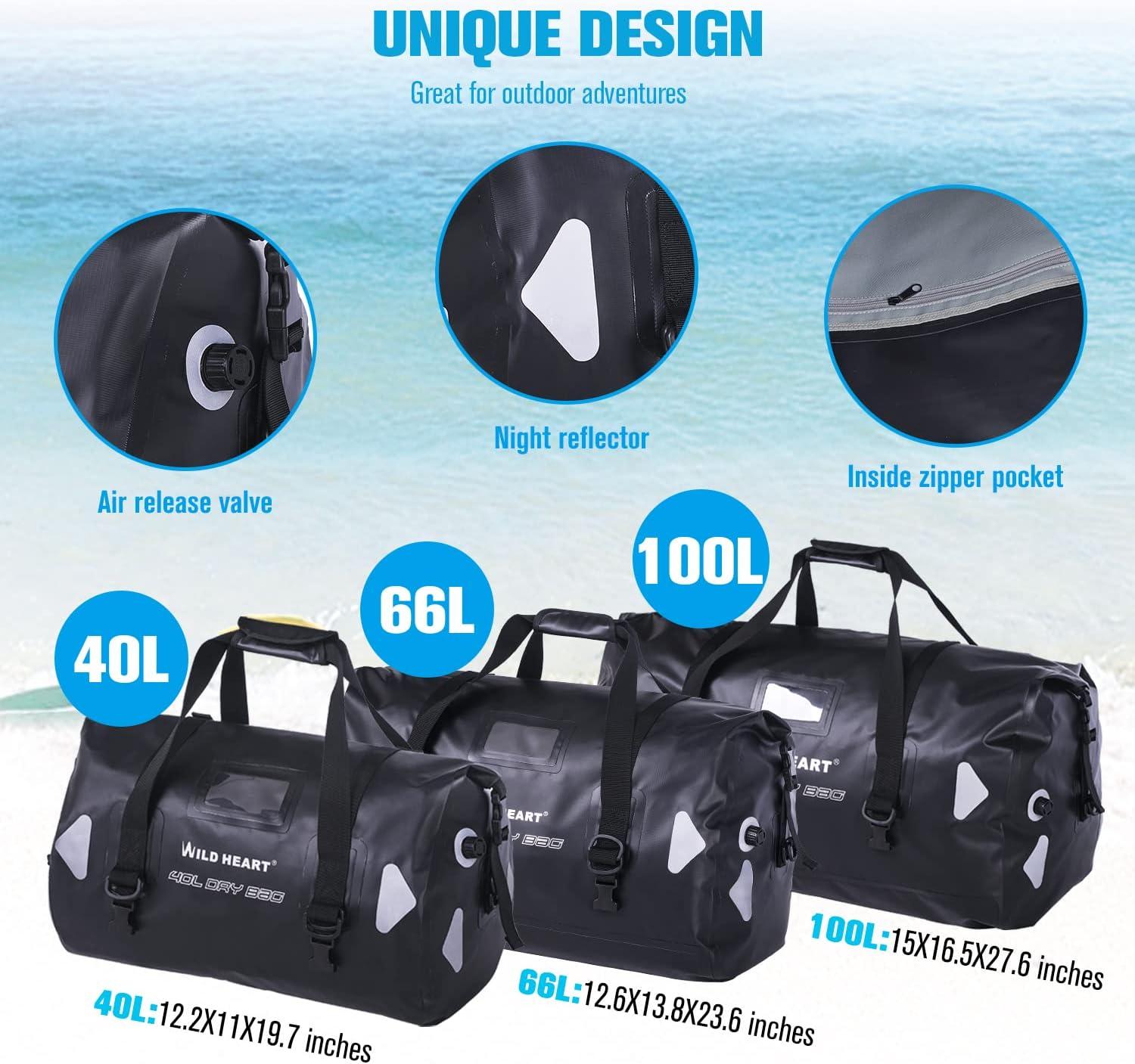 imageWILD HEART Waterproof Motorcycle Duffel Bag PVC500D Doublebottom With Rope Straps and Inner Pocket 40L 66L 100L for Kayaking Camping BoatingMotorcycle100L Black