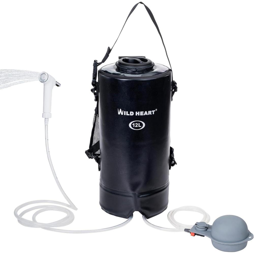 imageWILD HEART Camping Shower 22L 12L Portable Shower for Camping with Pressure Foot Pump and Hose Solar Shower Bag Backpack for Camping Road Trip ampamp Outdoor Use12 Black