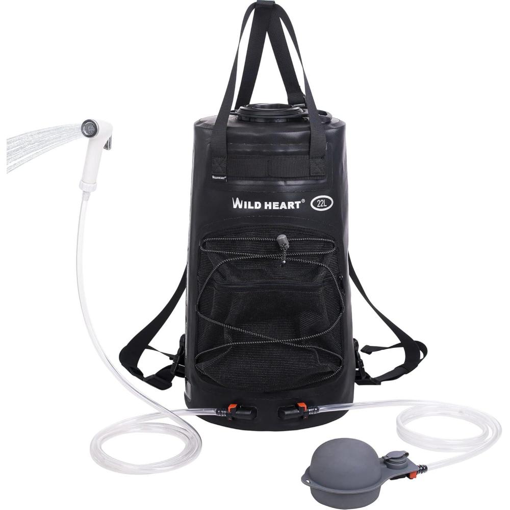 imageWILD HEART Camping Shower 22L 12L Portable Shower for Camping with Pressure Foot Pump and Hose Solar Shower Bag Backpack for Camping Road Trip ampamp Outdoor UseBlack