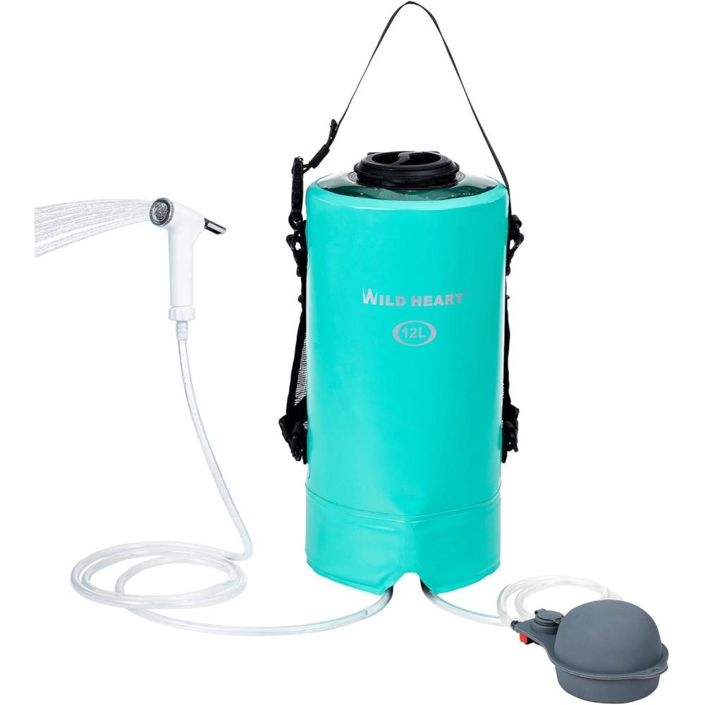 imageWILD HEART Camping Shower 22L 12L Portable Shower for Camping with Pressure Foot Pump and Hose  Solar Shower Bag Backpack for Camping Road Trip ampamp Outdoor Use12L Turquoise