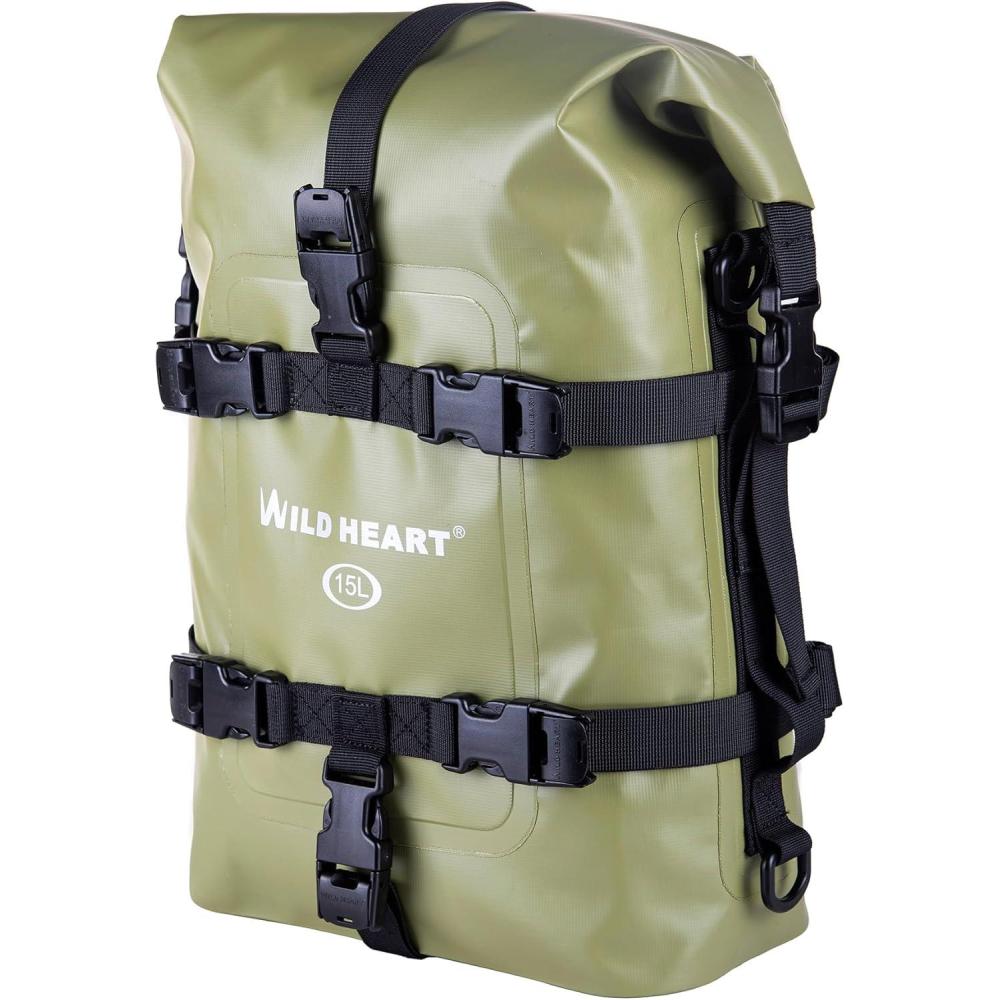 imageWILD HEART Waterproof Crash Bar Bags 6L8L15L Motorcycle Bag used as Motorcycle Luggage Sissy Bar Back Seat Saddle Rack Rear Fender Pouch Dirt Bike Gear Side Tool Bag Pack for moto ATV15L PVC olivegreen