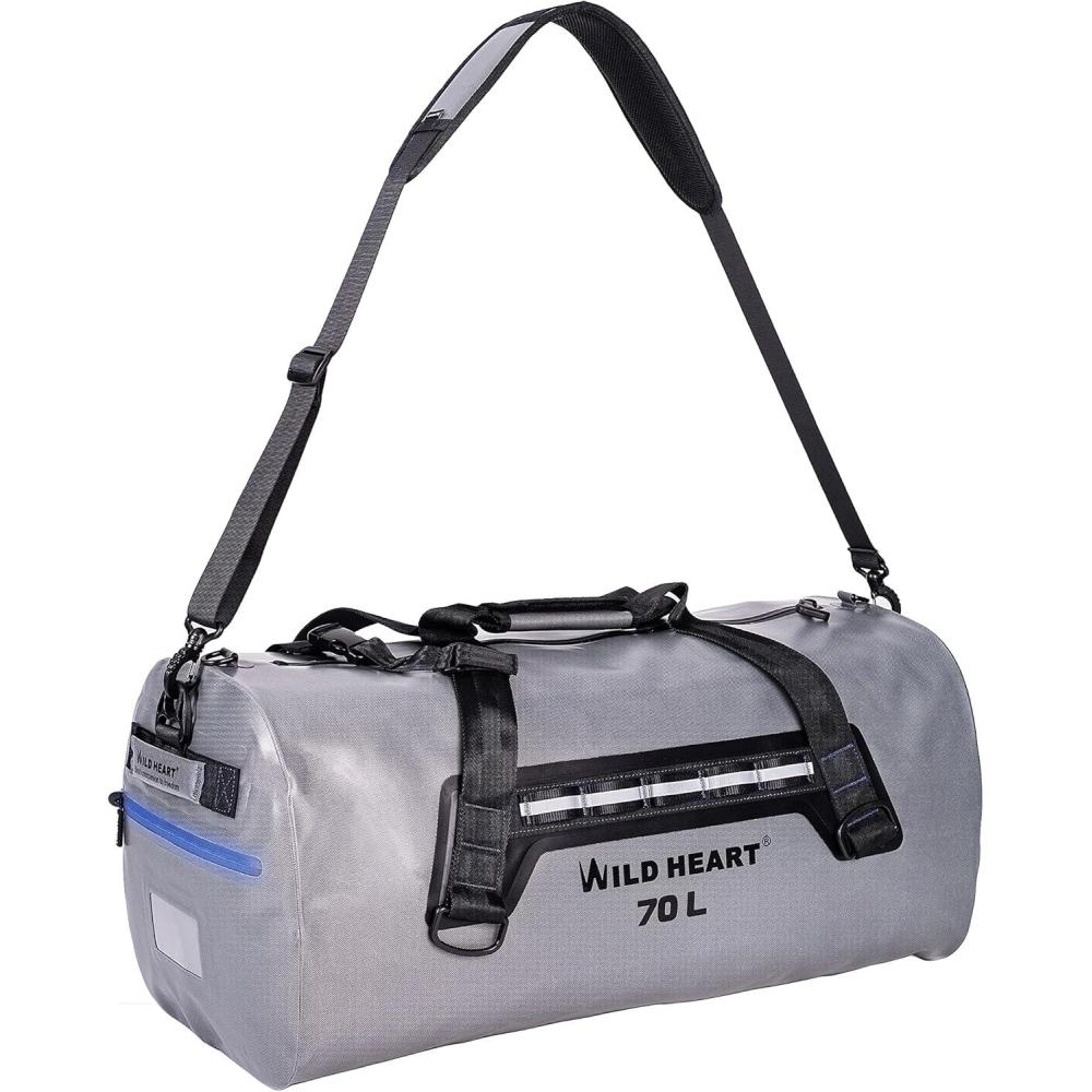 imageWILD HEART Waterproof Dry Duffel Bag Airtight TPU Dry Bag for Motorcycle Kayaking Rafting Skiing Travel Hiking CampingGrey 70L add outside pocket