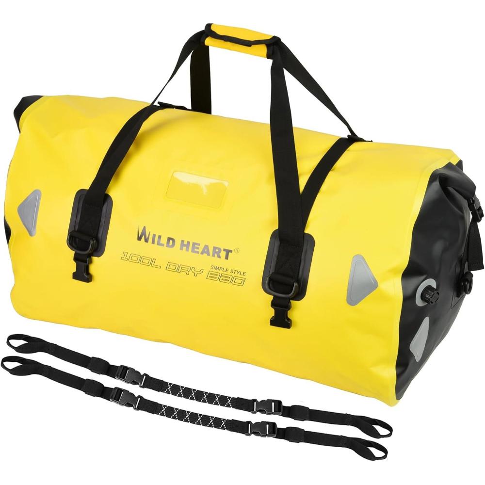 imageWILD HEART Waterproof Motorcycle Duffel Bag PVC500D Doublebottom With Rope Straps and Inner Pocket 40L 66L 100L for Kayaking Camping BoatingMotorcycle100L Yellow without double bottom